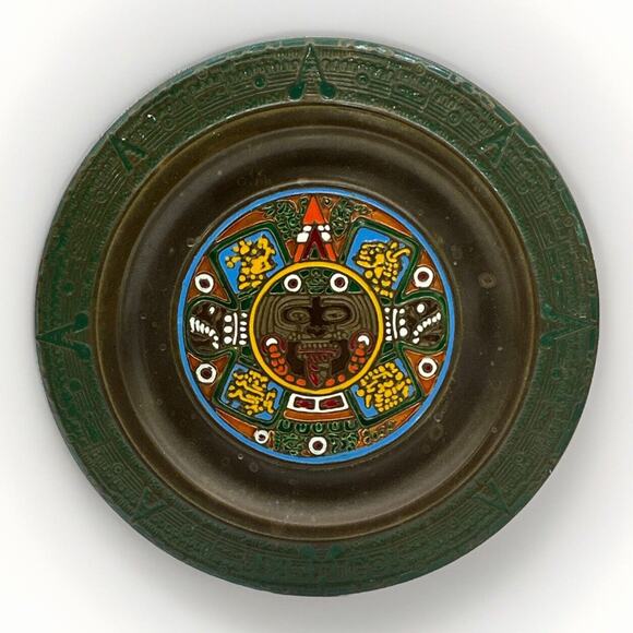 Mid Century Modern Other - Vintage Mexican Enamel on Copper Aztec Sun Stone Calendar Decorative Plate